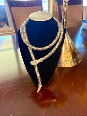 Rhinestone Snake Lariat Necklace - Silver Tone
